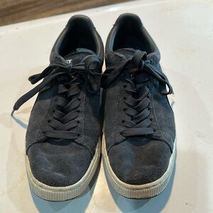 Puma Suede embossed Iced with grey with black swoosh and white sole.